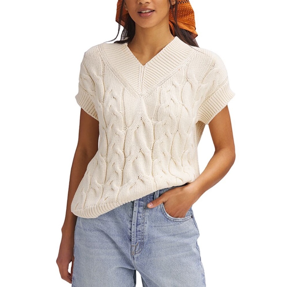 Basin + Range 100% Cotton Cream Cable Knit Cap Sleeve Sweater Size Large